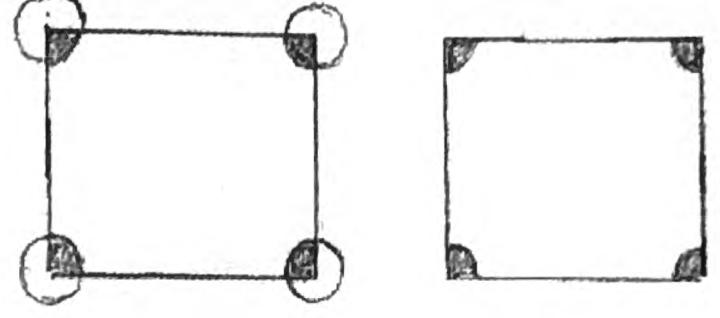 Two squares with corner angles marked, one set inside drawn circles and one set without circles, showing the angles are identical