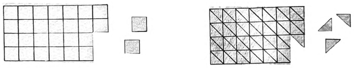 A grid of whole squares beside a grid divided into half-square triangles, with a few of each cut out