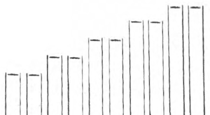 Eight strips of increasing length arranged in a row, each with its pointed end folded into a small hook