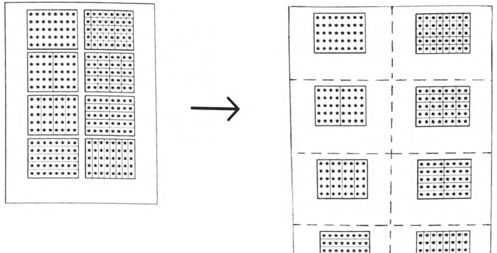 A star sheet of eight cards beside a sheet folded into eight sections, with the cards glued in order