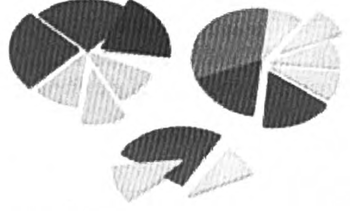 Three flowers cut into colored equal parts, each group of petals shaded a single color to show fourths, fifths, and other fractions