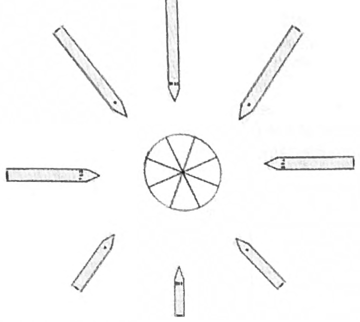 Eight cut strips of different lengths pointing inward around a segmented circle, forming a sunburst