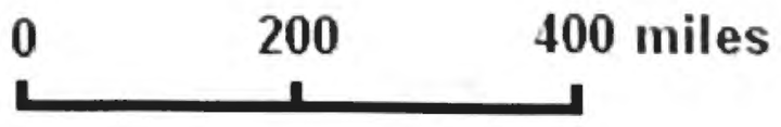 A horizontal scale bar marked at 0, 200, and 400 miles
