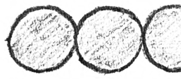 Three coins colored with crayon, each with a dark rim and a lighter interior