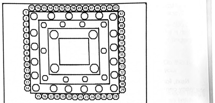 A loop of about fifty numbered pennies traced around the outer rectangle