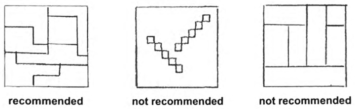 Three labeled grids showing one good puzzle layout marked recommended and two poor layouts marked not recommended, one with diagonal corner-only pieces and one with plain rectangles