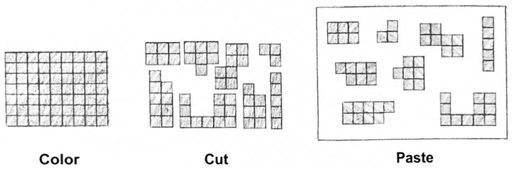 Three panels showing a square-inch grid colored solid, then cut into separate shapes, then those shapes pasted onto construction paper