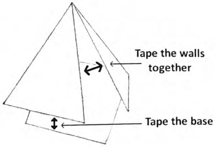 A folded paper pyramid with arrows pointing to where to tape the walls together and where to tape the base