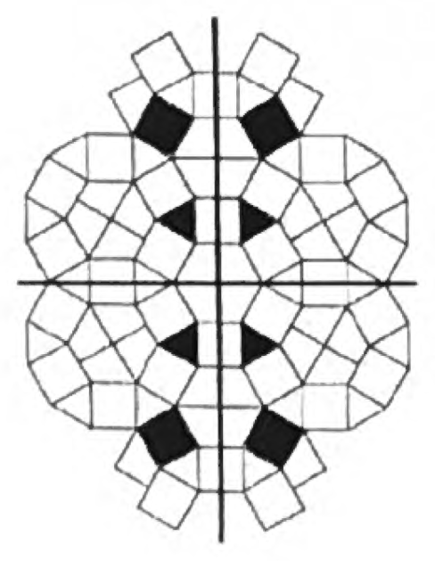 A rotational-symmetry design with both a vertical and horizontal line of symmetry, where four matching shapes form a single group around the center