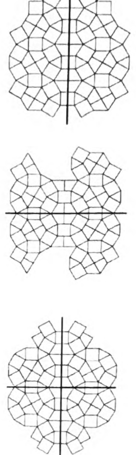 Three line drawings of the same tessellated design showing a vertical line of symmetry, a horizontal line of symmetry, and both lines together for rotational symmetry