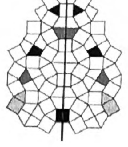A vertical-symmetry design with a few shapes colored, each colored shape matched by its mirror image on the opposite side of the vertical line