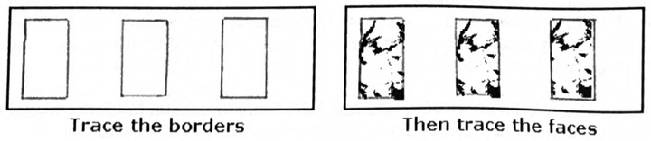 Three empty rectangles labeled trace the borders beside three traced lion faces labeled then trace the faces