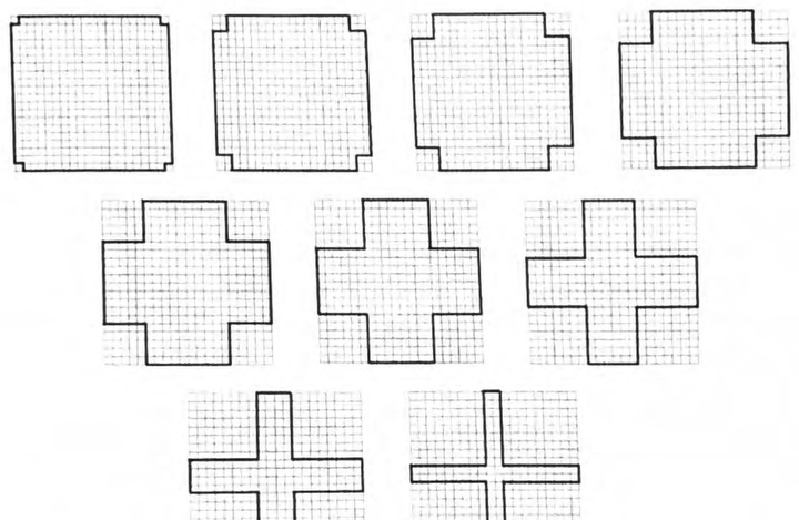 The nine box patterns on grid paper, ranging from a flat square to a tall narrow cross, each cut out and folded up into a box